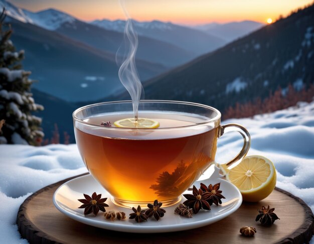 Une tasse de thé transparente chaude avec des graines de citron et d'anis sur un plateau en bois rustique debout sur la neige