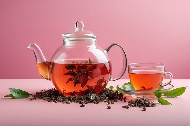 Une tasse de thé en verre et des feuilles de thé sur un fond rose. Un thé à base de plantes chaudes est dans la théière en verre sur la table.