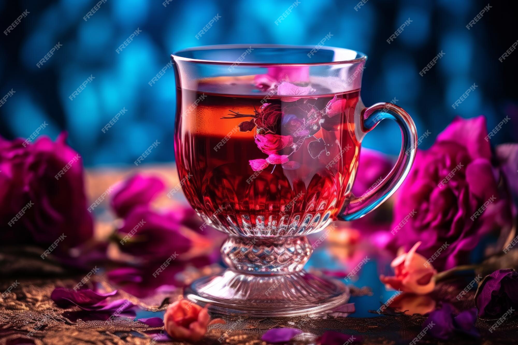 Une Tasse De Thé En Verre Avec Une Fleur Au Fond.