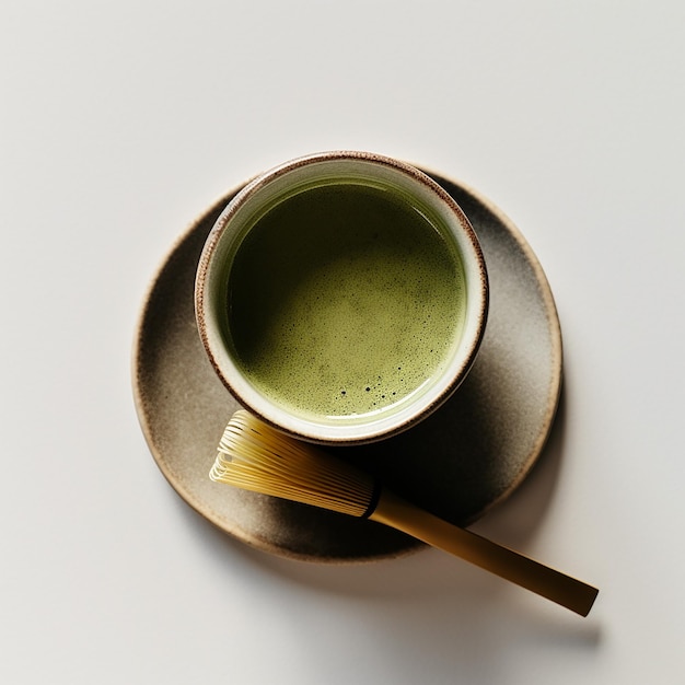 Une tasse de thé vert est posée sur une soucoupe avec une brosse à côté