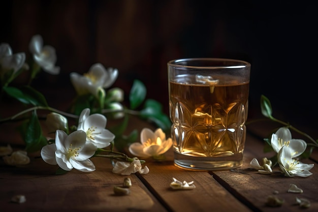 Une tasse de thé vert et de fleurs de jasmin blanc générative ai