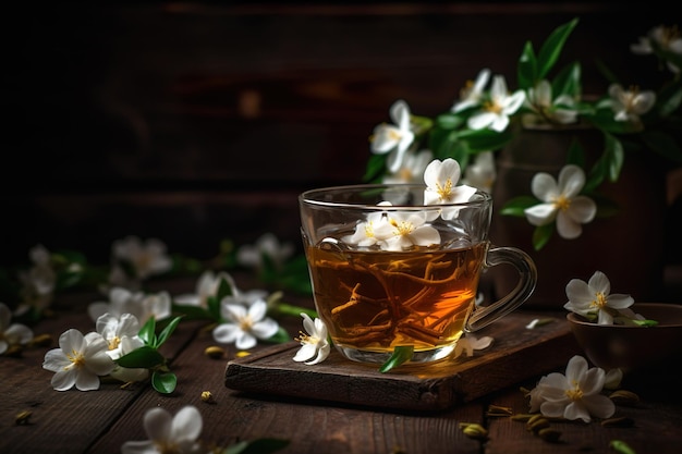 Une tasse de thé vert et de fleurs de jasmin blanc générative ai