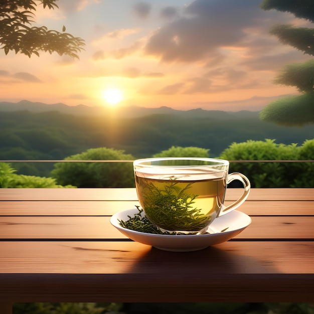 une tasse de thé vert sur la table en bois et le fond de plantation de thé au coucher du soleil