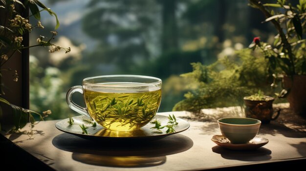 Une tasse de thé vert sur une table en bois