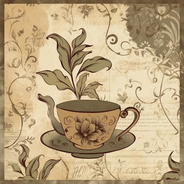 Une tasse à thé vintage avec une fleur dessus.