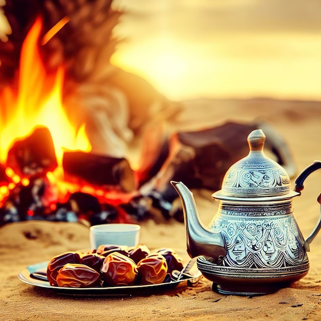 Tasse de théière de dattes avec du thé près du feu dans le désert avec un beau fond