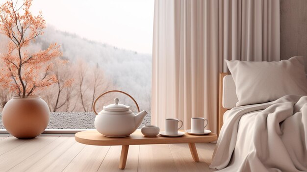 Photo tasse et théière sur une table en bois dans un café avec la lumière du soleil petit déjeuner matin thé matin