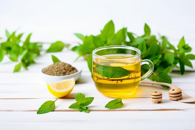 Tasse de tisane diététique et feuilles de menthe verte sur table en bois blanc gros plan perte de poids et concept de vie saine