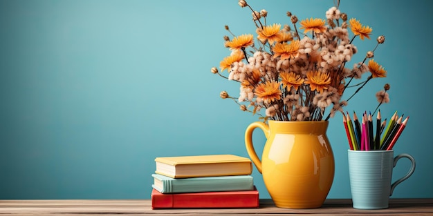 une tasse ultra réaliste avec des crayons de couleur à côté et une pile de livres