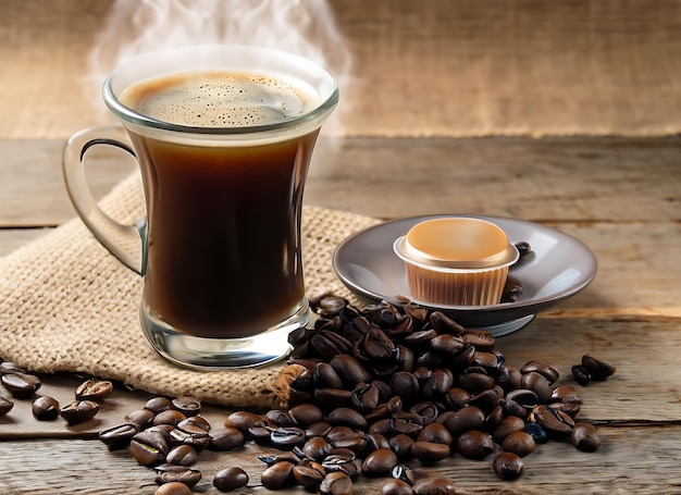 Tasse de verre de café avec de la fumée et des grains de café et des capsules de café sur un sac en toile de jute sur une vieille languette en bois