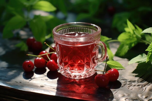 Une tasse de verre de compote de cerise froide sur un fond avec des feuilles vertes