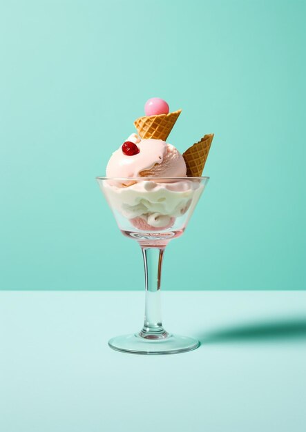 Une tasse en verre avec une glace rose et une cerise sur le dessus.