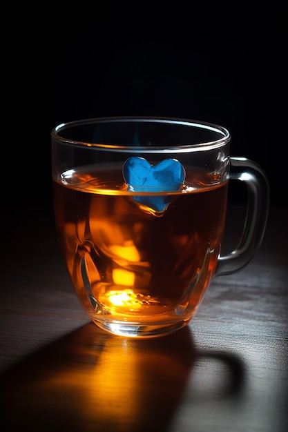 Une tasse en verre avec un objet en forme de coeur bleu flottant dedans.