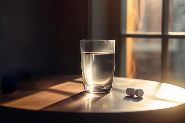 Une tasse en verre remplie d'eau est sur la table à côté de la fenêtre Il y a des pilules sur la table