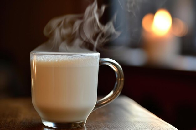 Photo une tasse de verre remplie de lait fraîchement cuit à la vapeur