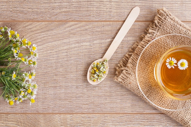 Tasse en verre de thé vert avec des fleurs de camomille blanche sur fond de bois. Vue de dessus