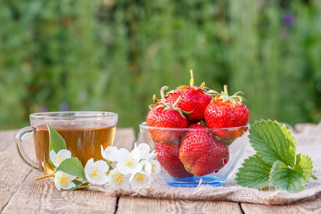 Tasse en verre de thé vert et de fraises mûres rouges dans un bol en verre avec des fleurs de jasmin sur un sac.