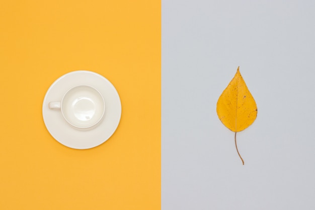 Tasse vide blanche avec soucoupe et feuille d'automne