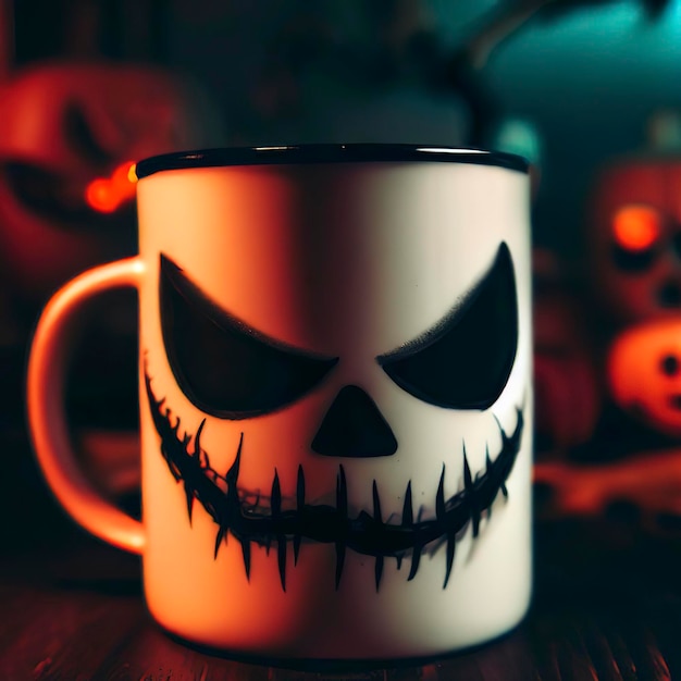 Une tasse avec le visage effrayant de Jack à l'arrière-plan d'Halloween