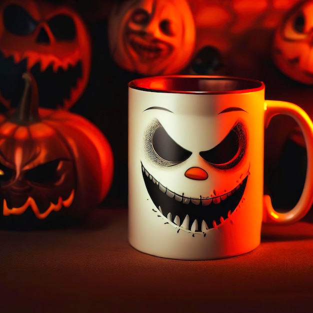 Une tasse avec le visage effrayant de Jack à l'arrière-plan d'Halloween