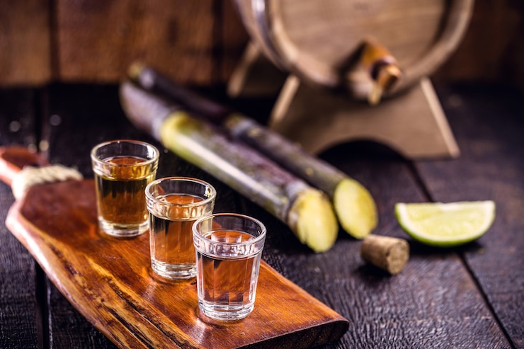 Photo tasses de cachaça, une boisson brésilienne à base de canne à sucre, une course brésilienne populairement appelée "pinga", copy space