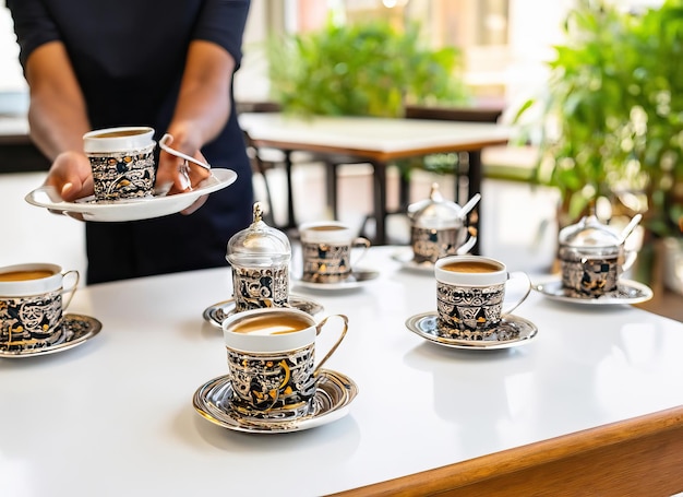 tasses de café arabes avec serveuse générative ai