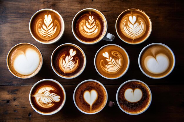 Photo des tasses à café avec de l'art du latte sur une table en bois des tasses de café avec del'art du latte sur une plate-forme en bois vue supérieure plusieurs tasses de coffee ai générées