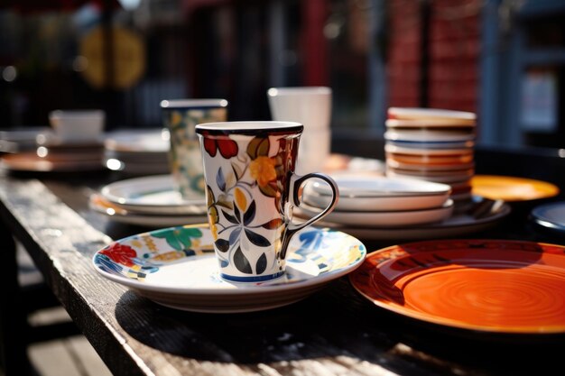 Photo tasses à café et assiettes sur une table de café créée avec l'ia générative