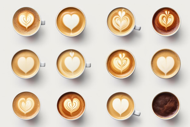 Des tasses de café assorties avec un signe de cœur sur fond blanc