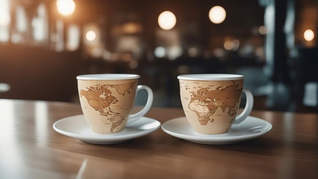 Tasses à café de la Journée internationale du café avec l'image de la carte du monde sur la table du café générée par l'IA