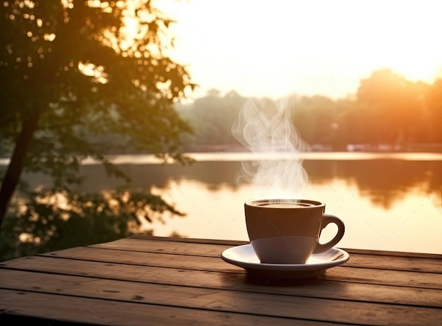 Tasses à café placées à la table du petit déjeuner au bord de la rivière