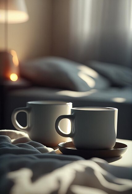 Des tasses de café sur une table en bois dans une pièce avec la lumière du matin d'une fenêtre