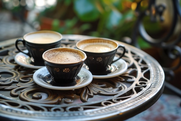 des tasses de café sur la table de bureau avec des gens rencontrant l'arrière-plan