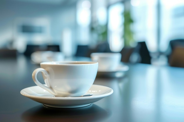 des tasses de café sur la table de bureau avec des gens rencontrant l'arrière-plan