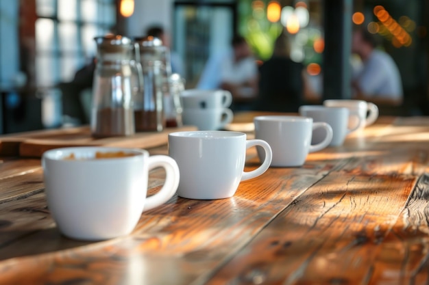 des tasses de café sur la table de bureau avec des gens rencontrant l'arrière-plan