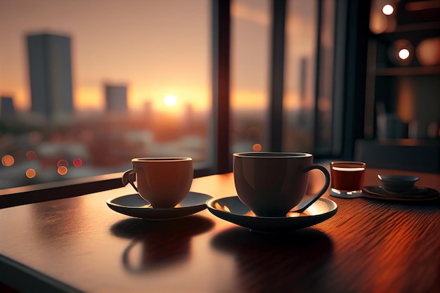 Tasses de café sur une table donnant sur la citygenerative ai