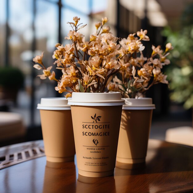 tasses à café sur une table avec des fleurs dedans