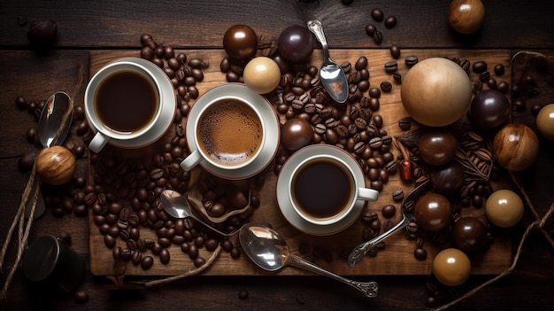 Tasses à café sur une table avec des grains de café et des grains de café