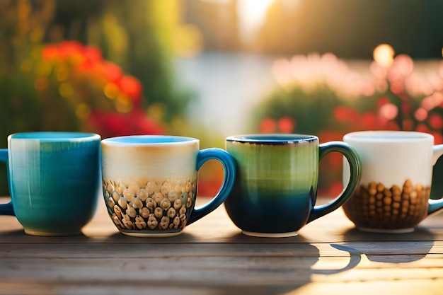 Tasses à café et tasses sur une table avec le soleil se couchant derrière eux.