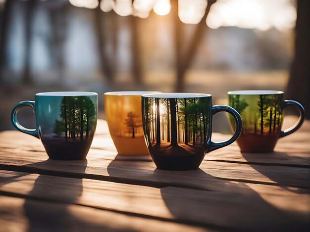 Photo des tasses colorées avec des arbres sur elles dont l'une a un cercle de couleur sur elle