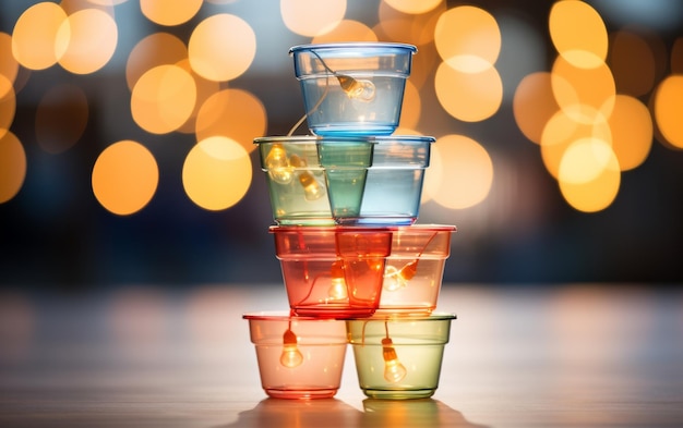 Des tasses colorées empilées sur une table créent un spectacle vibrant de teintes et de formes