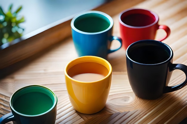 Tasses colorées sur une table, dont l'une s'appelle le café.