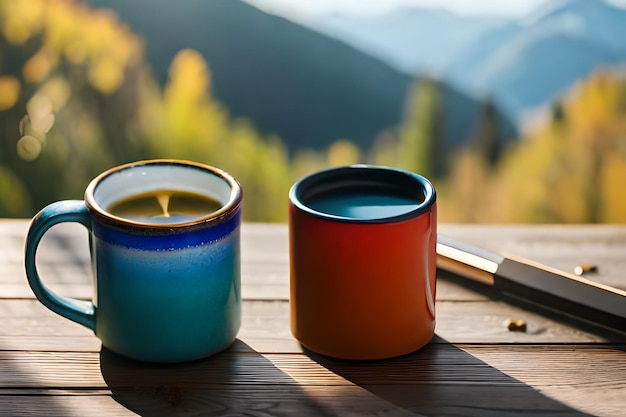 Des tasses colorées sur une table avec des montagnes en arrière-plan.