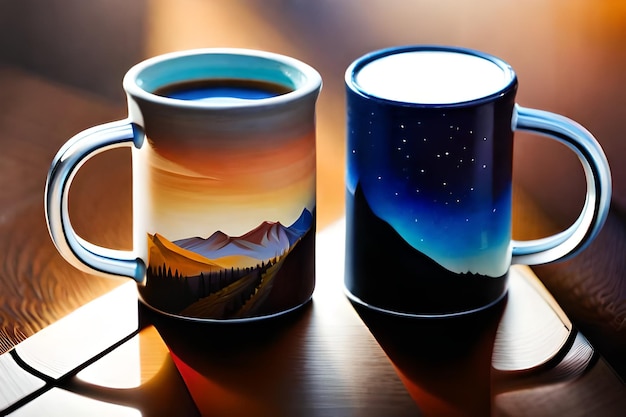 des tasses avec le coucher de soleil dessus