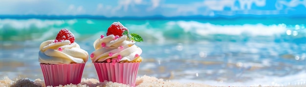 Des tasses de dessert à thème de plage ludiques sur le rivage de sable avec une toile de fond pittoresque de l'océan