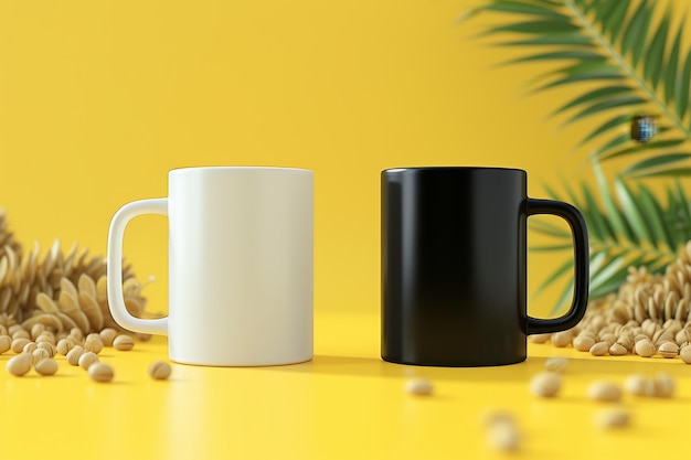 Des tasses noires et blanches sur un fond jaune avec des épis de blé