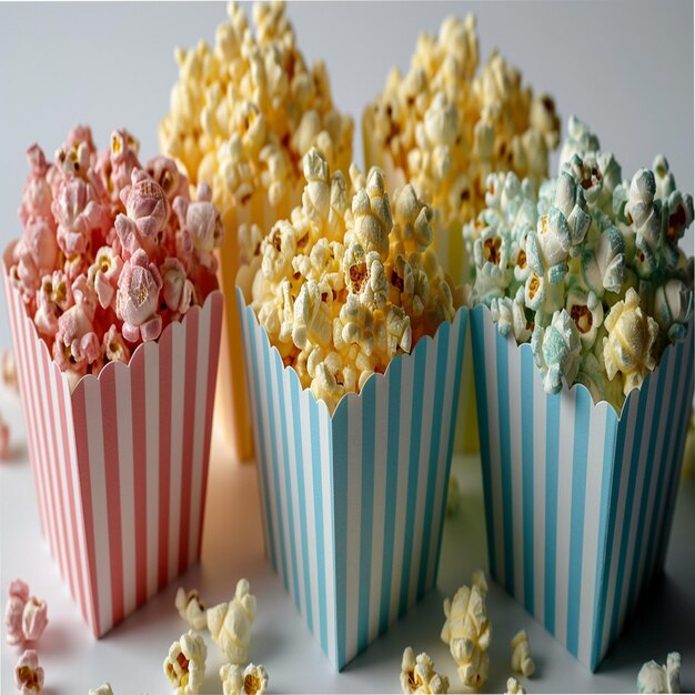 Des tasses en papier avec du pop-corn sur fond de bois