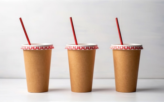 tasses de papier rouge à boire avec de la paille sur un fond blanc