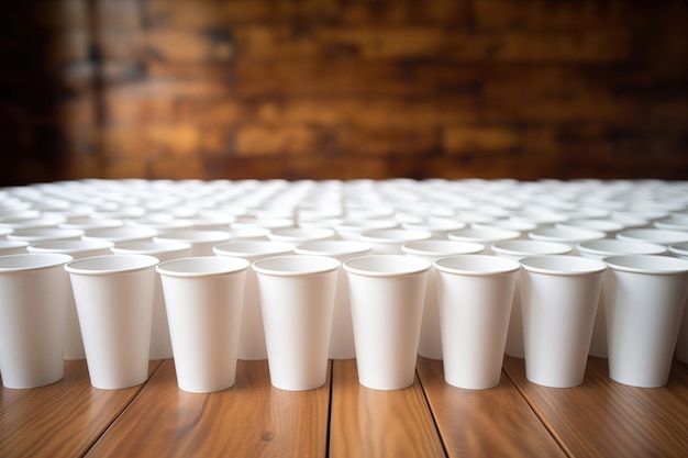 Photo des tasses en plastique blanches sur une table en bois