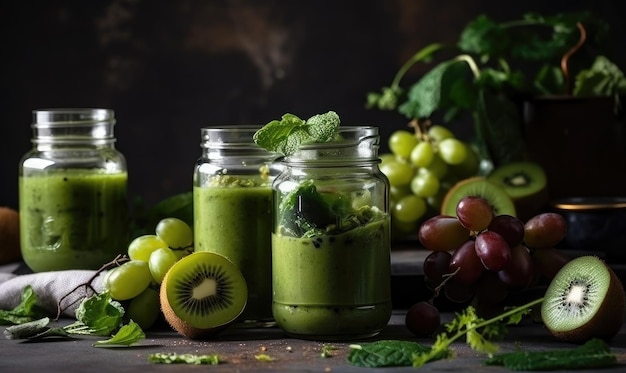 Tasses en pot de verre avec smoothie vert santé concept de nourriture alcaline végétarienne AI générative